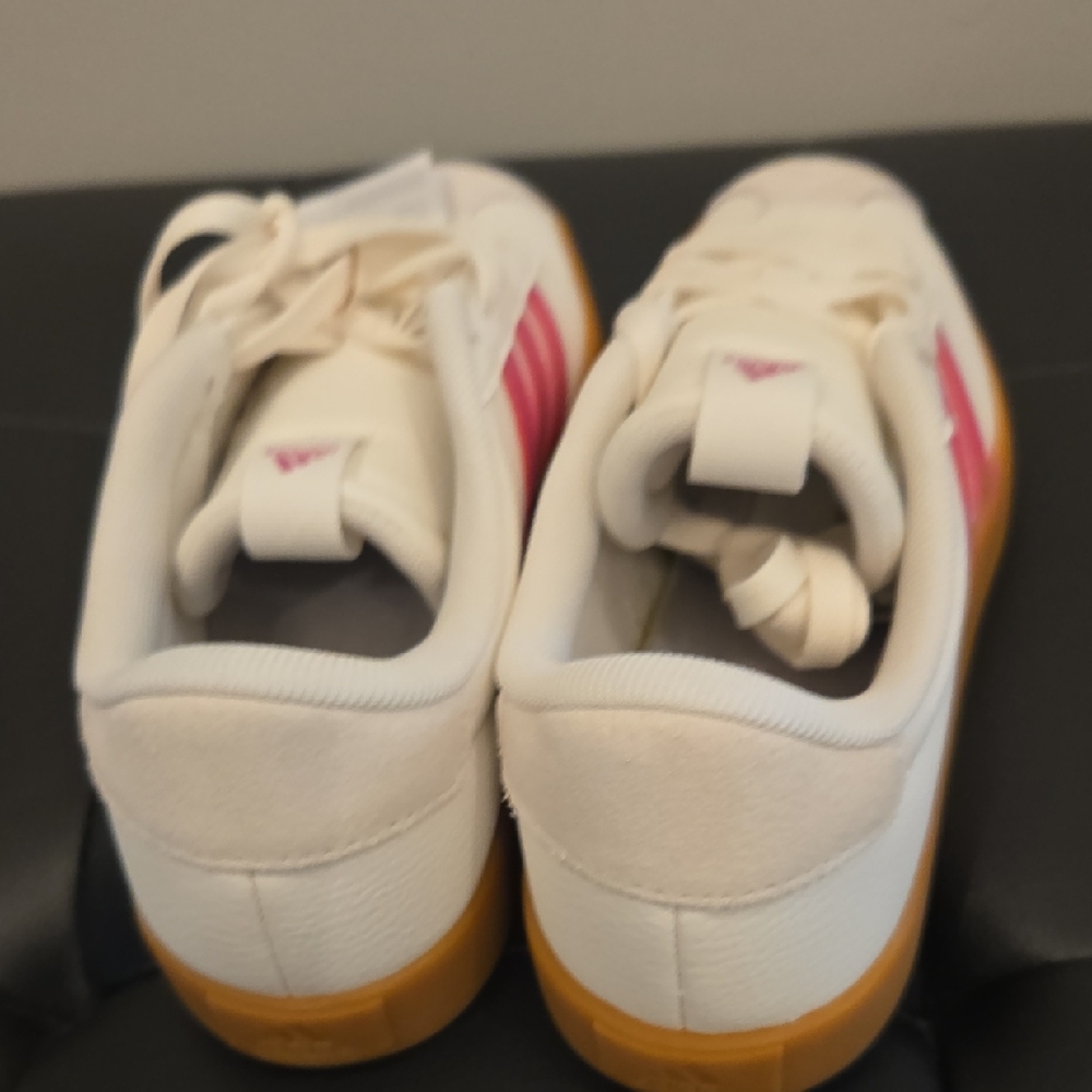adidas Women's Cream Sneakers with Pink Stripes and Gum Sole - Picture 3 of 5